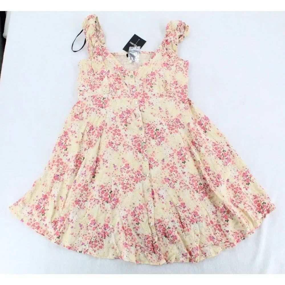 Forever 21 Dress Women’s Size M Yellow Floral Ruffle Babydoll Short Summer Flirt